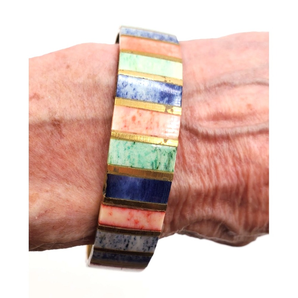 Vintage Mosaic Stone Inlay Bangle Bracelet Geometric Brass Tone